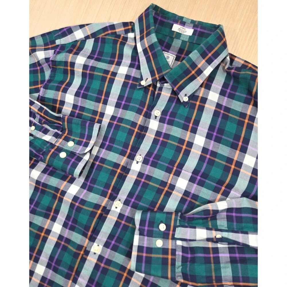 Peter Millar Long Sleeve Shirt Mens Large Button Up Green Navy Plaid 100% Cotton
